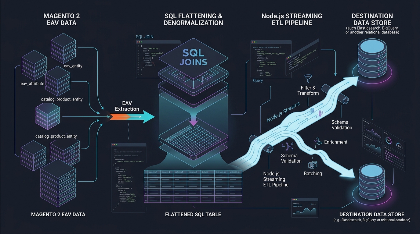 Exporting Magento 2 data: flatten EAV schema with SQL and Node.js for data warehouse pipelines