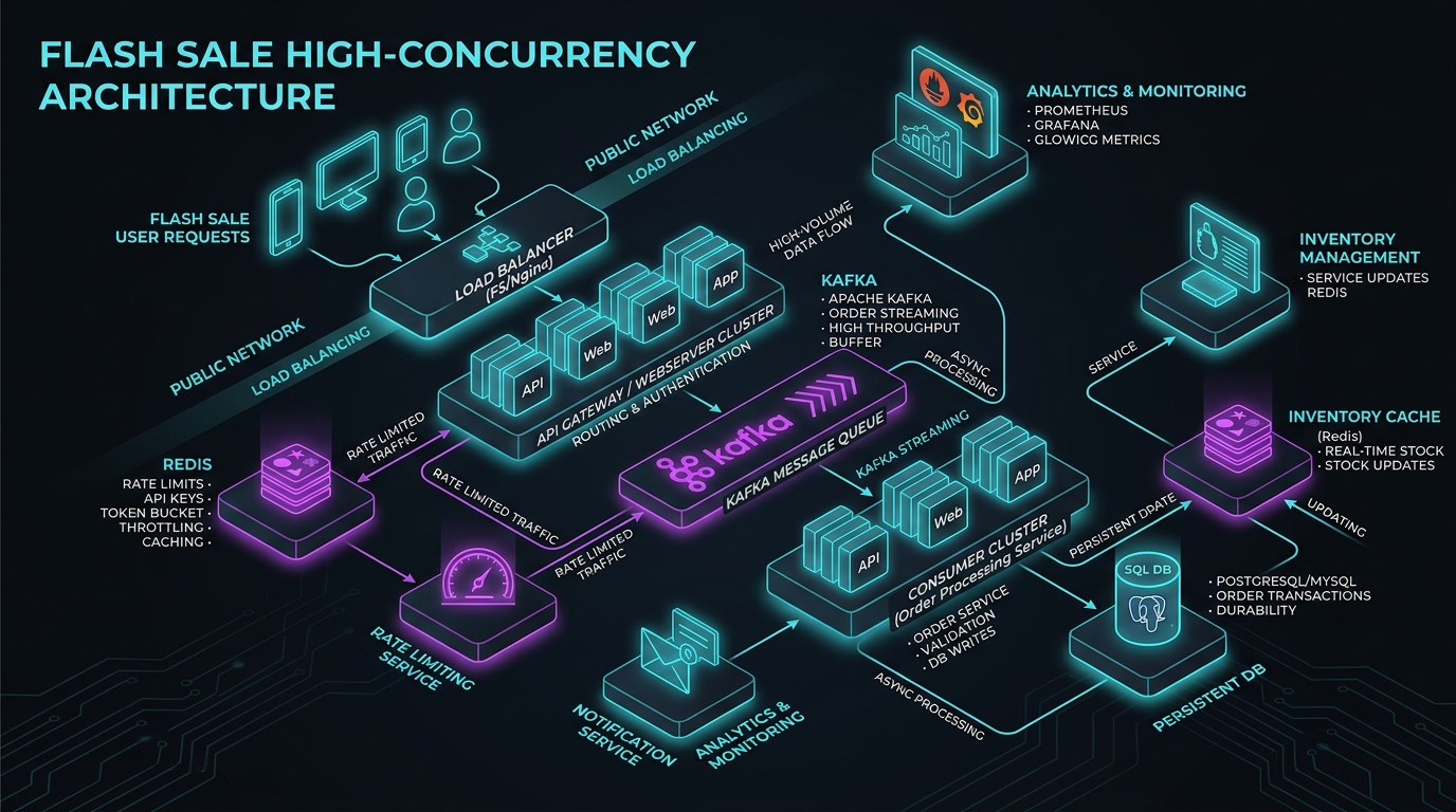 Shopee Flash Sale Architecture: rate limiting, Redis token bucket, and distributed queue design