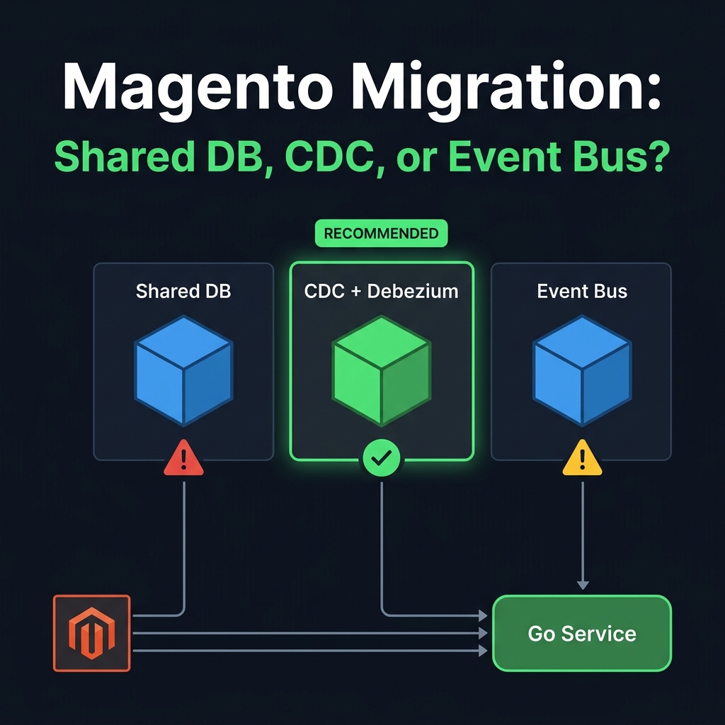 Magento database migration decision: Shared DB vs CDC vs Event Bus — Architecture Comparison
